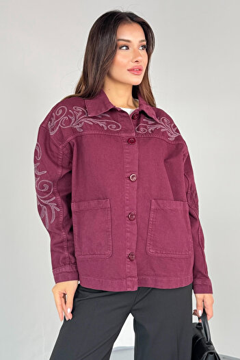 Cappmoda Ckt-2749 Burgundy Embroidery Detailed Pocketed Gabardine Jacket