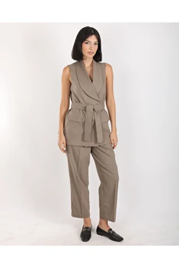 deqfashion Women's Khaki Shawl Collar Vest Pants Double Suit