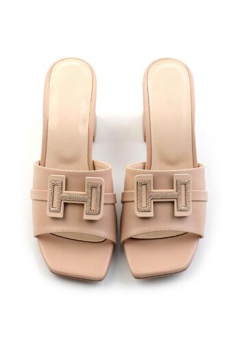 Zerenyus Erew Stone Detailed Stylish Women's Heeled Slippers Beige
