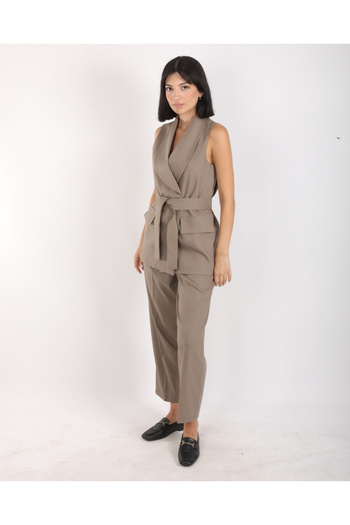 deqfashion Women's Khaki Shawl Collar Vest Pants Double Suit