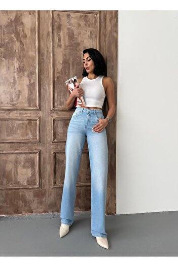 Zeo Basic Women's Straight High Waist Tube Leg Jeans Light Blue