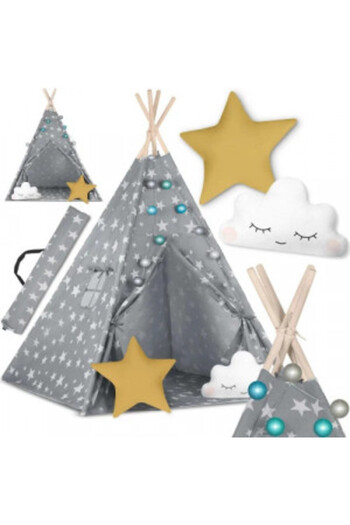 NUKIDO Play Tent for Children, with Window, 3 Cushions, Lights, 120 x 120 x 165 cm, Nukido, Gray Stars