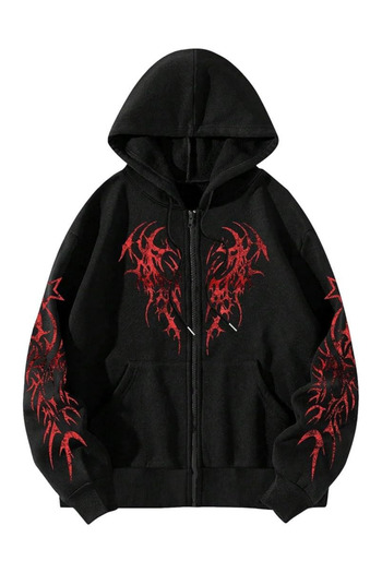 Touz Moda Streetwear Printed Oversize Zippered Black Unisex Hooded Cardigan