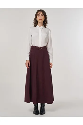 Kayra Fusta evazată din piele intoarsa cu curea, culoare burgundy închis