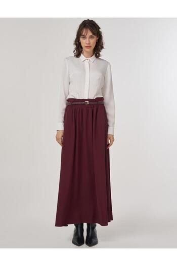 Kayra Belt Detailed A-Line Skirt Burgundy