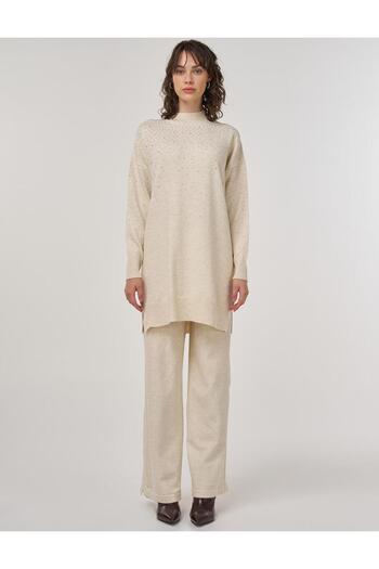 Kayra Hotfix Printed Knitwear Tunic Trousers Double Set Cream