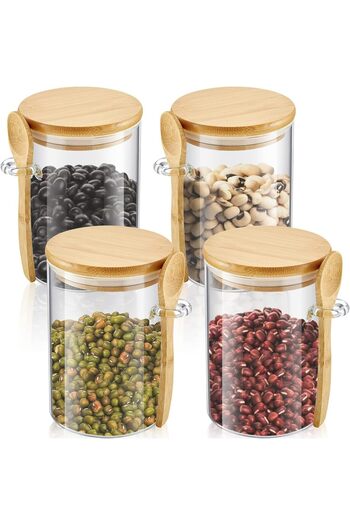 erorex Glass Jar, Sugar Container Airtight Glass Jars Bamboo Lids Spoons, 17Oz Glass Canisters Lid, Sealed