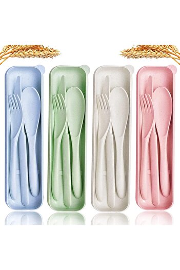 erorex Cutlery Case Travel Utensil Set, 4 Sets Wheat Straw Reusable Portable Spoon Knife Forks Tableware,