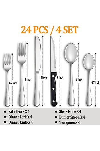 erorex Cutlery Set,24 Pcs Flatware Set Set Steak Knives, Stainless Steel Silverware Set 4, Mirror Polished