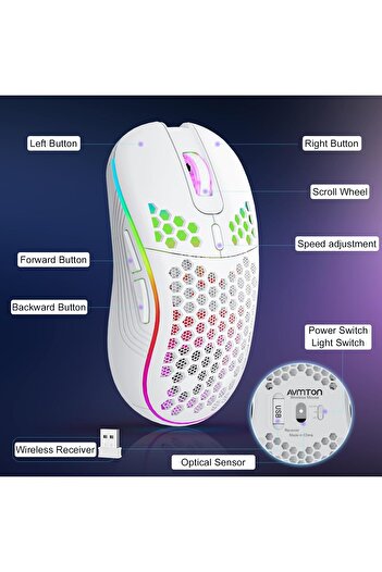 erorex ماوس ألعاب كمبيوتر لاسلكي قابل لإعادة الشحن بإضاءة خلفية RGB و6 أزرار وتصميم قرص العسل خفيف الوزن