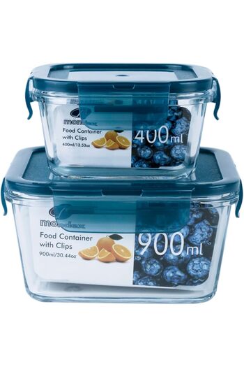 erorex 2Pcs 400Ml & 900Ml Square Borosilicate Glass Food Storage Container Lunch Box With Blue Lid