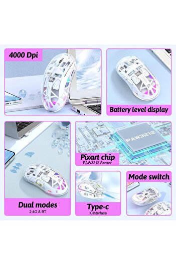 erorex 2025 تم ترقيته】ماوس ألعاب لاسلكي بإضاءة خلفية RGB USB مع وضعين 2.4 جيجاهرتز/بلوتوث
