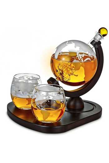 Elindor ® Globe Whiskey Decanter Set, 2 Glasses, Wooden Stand, 850ml