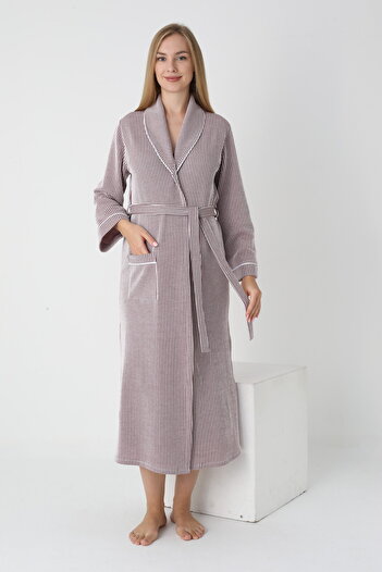 Miss Dünya Lissa Collar Detailed Striped Long Pregnant and Postpartum One Piece Dressing Gown