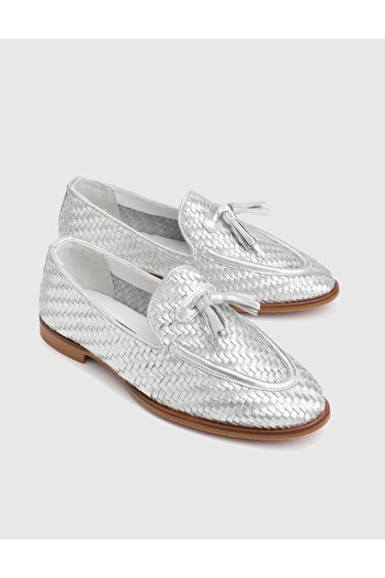 İLVİ Josie Genuine Knitted Leather Silver Women's Loafer Shoes