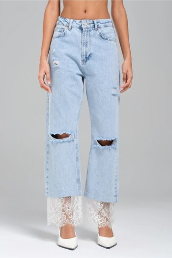 tw3 Women's Straight Fit Design Jean with Cut-Out Legs and Lace Detail
