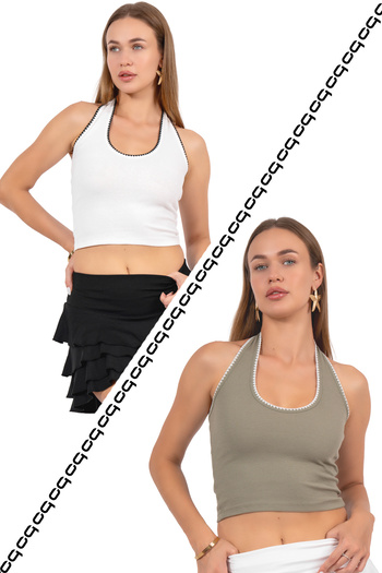 Oq 2-Piece White/Green Embroidery Detail 100% Cotton Halter Neck Crop Bluz