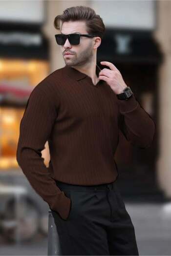 Madmext Bitter Brown Polo Neck Striped Long Sleeve Sweater 7239