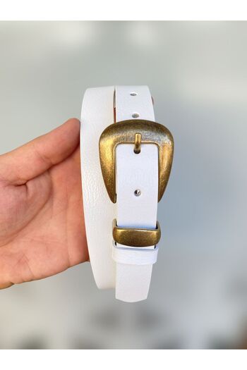 Kemerix 100% Genuine Leather Antique Plated Buckle White Women's Belt 2.5 cm