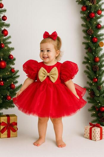 Hobidik Baby Girl Child Red Gold Bow Fluffy Special Occasion Dress