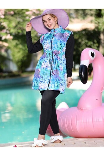 SWAN.AE Burkini, 3 pieces, Jumpsuit, sleeveless jacket, Zipper, Hidden Belt, cap, Polyester, Lycra