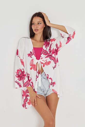 Kutaf Pink-White Floral Patterned Kimono – Summer Beach Pareo