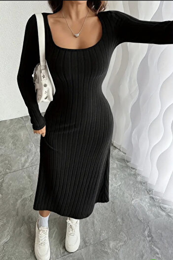 missamour Women's Black Trend U-Neck Thick Knitted Dress