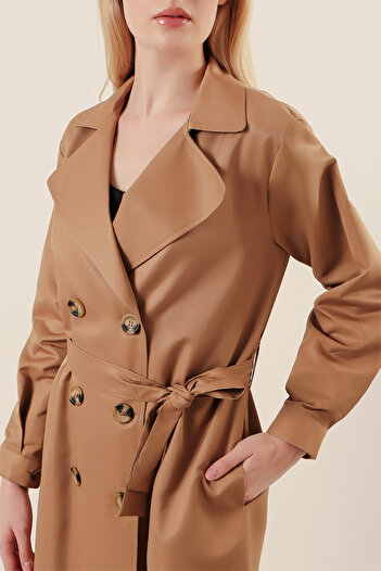 Merterium Women's Double Breasted Collar Tan Trench Coat