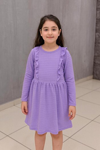 NEWKİDS Ruffled Long Sleeve Cotton Seasonal Lilac Color Girls' Dress
