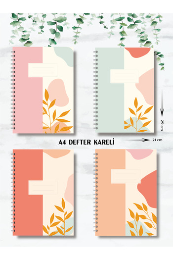 BULUT DİJİTAL 80 Sheets - A4 Spiral Cardboard Cover - Set of 4 - Checkered - School Notebook