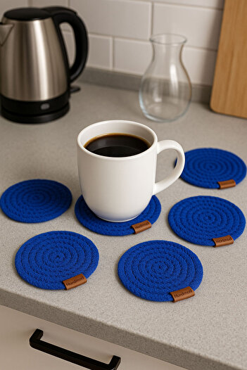 SİHİRLİ AYAKLAR Blue Straw 6-Piece Coasters 12 cm Tea Cup Mug Candle Coaster Decorative Supla