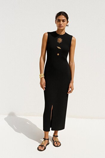 HAKKE Ottoman Fabric Long Pencil Dress with Accessory Detail and Front Slit