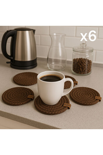 SİHİRLİ AYAKLAR Brown Wicker 6-Piece Coasters 12 cm Tea Cup Mug Candle Coaster Decorative Supla