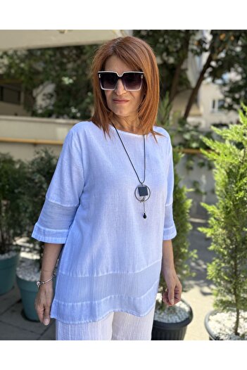 DenizEge Mesh Detailed Cotton Blouse Baby Blue
