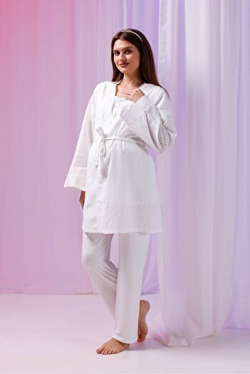 Lohussa Women's Ecru Jacquard Special Design Cotton Maternity Maternity Dressing Gown Pajama Set Set