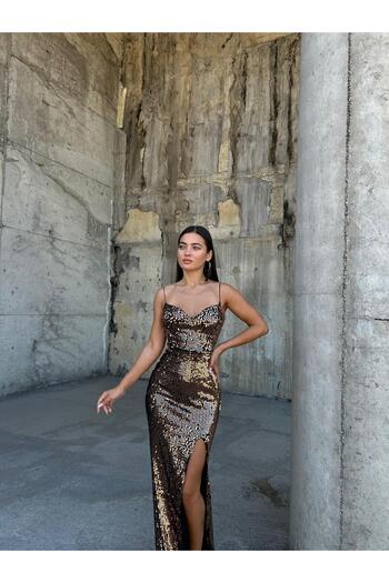 SELİN MODA EVİ Trend Βελούδινο Φόρεμα με σκίσιμο χρυσό 583293