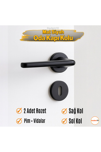 Badem10 Mat Siyah Oda Tipi Kapı Kolu Rozetli Sağ Sol Uygun Modern İç Kapı Kilitli 1 Takım