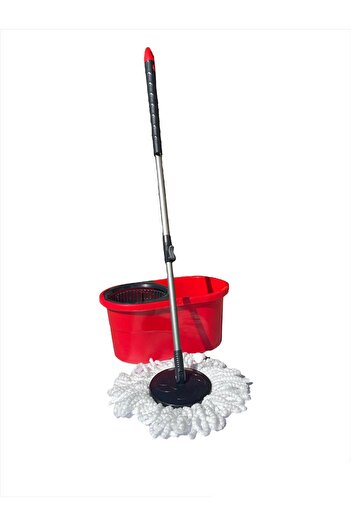Summy Rotary Mop Set with Centrifugal Wringing Bucket, Microfiber Reservoir, Red, 13L