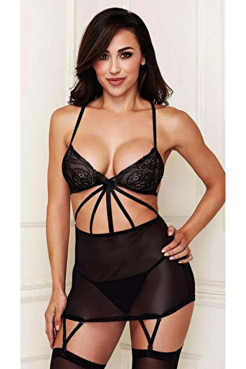 Cicişim Black Lace Detailed Bra Tulle Skirt Fancy Garter Set