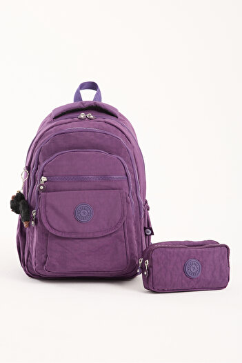 GALB LEATHER Set of 2 Premium Waterproof Crinkle Fabric High School and Middle School Backpack + Pen Holder, Purple +1