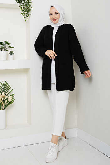 Pamuk Butik Women's Sleeve Fold Pocket Midi Length Cardigan