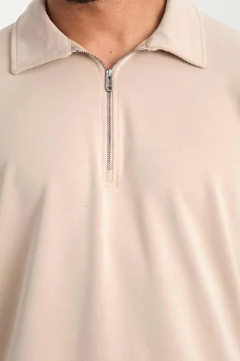 Valiberta Scuba Modal Fabric Relaxed Fit Half Zip Polo Neck Men's Sweatshirt - Beige
