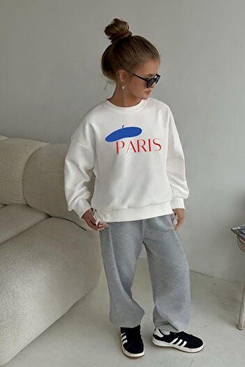 Monila Girl's Paris Printed 3 Thread Fabric Cotton Sweatshirt