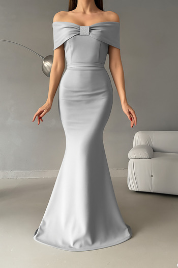 Deafox Gray Madonna Collar Stone Detail Maxi Size Scuba Fabric Fish Evening Dress