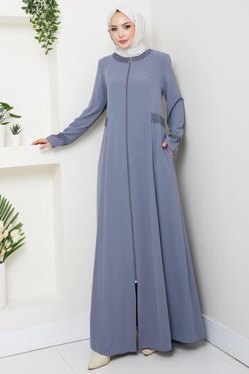 hafsamina Ferace with Stone Detail on Collar and Cuffs Gray Hm2802