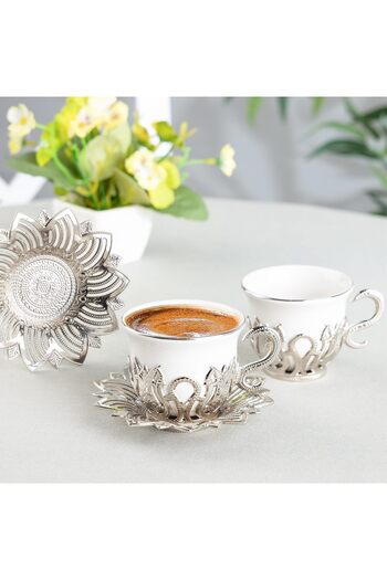 KT HOME Turkish Coffee Presentation Set for 2 People Silver Gold Coffee Cup Set Topkapi Coffee Cup Set of 2