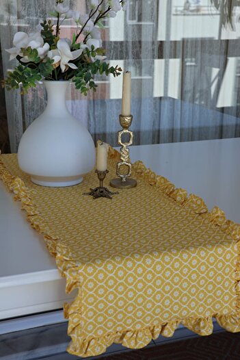 vintagetasarım Runner Floral Daisy Pattern Ruffled Vintage Duck Linen 40X130Cm