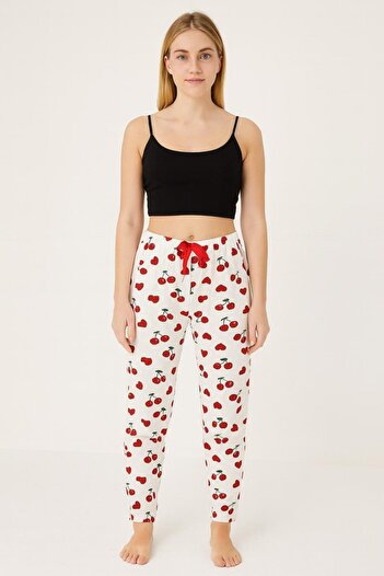 Pemilo Women's Cherry Patterned Cotton Lycra Single Bottom White-Red