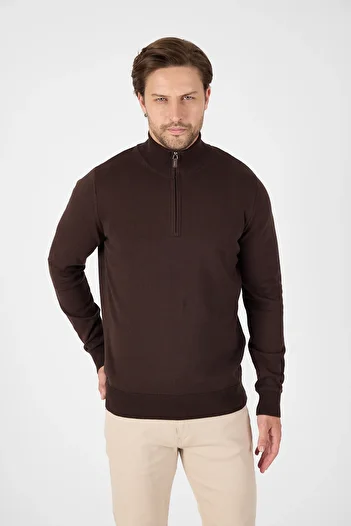 hateko Brown 100% Cotton Men's Half Zipper Stand Collar Knitwear Sweater