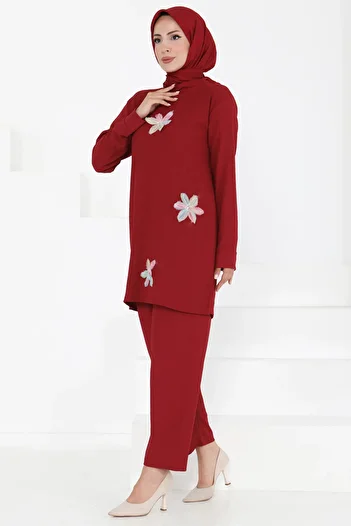 DESTEMODA Women's Floral Detailed Suit Burgundy 3005